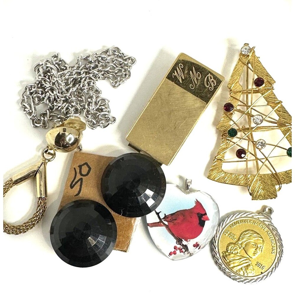 Junk drawer lot Vintage Jewelry Coin Pendant Christmas Tree Money Clip Sar Cov